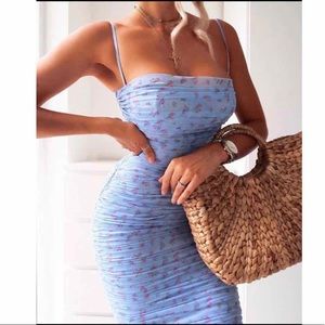 House of CB 'Sirene' Blue Mesh Ruched Midi Dress